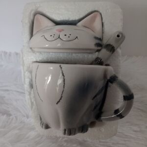 Ceramic Kitten Mug With Lid & Spoon